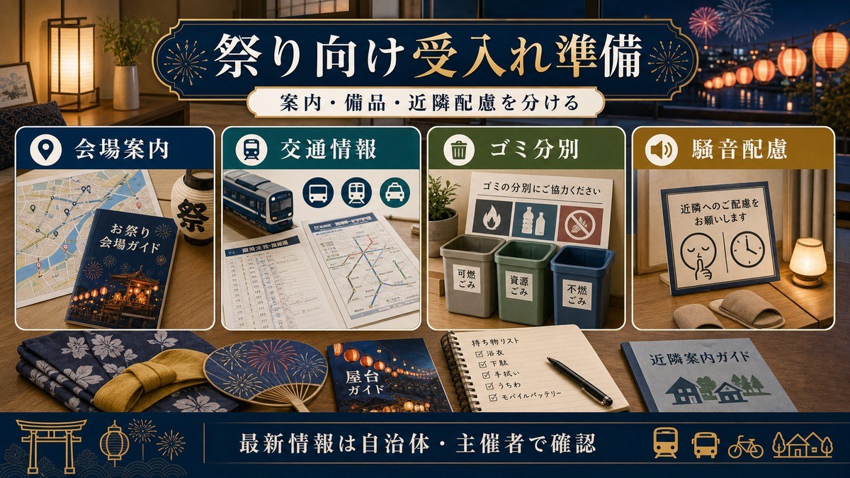祭り向け受入れ準備を会場案内、交通情報、ゴミ分別、騒音配慮で整理した図