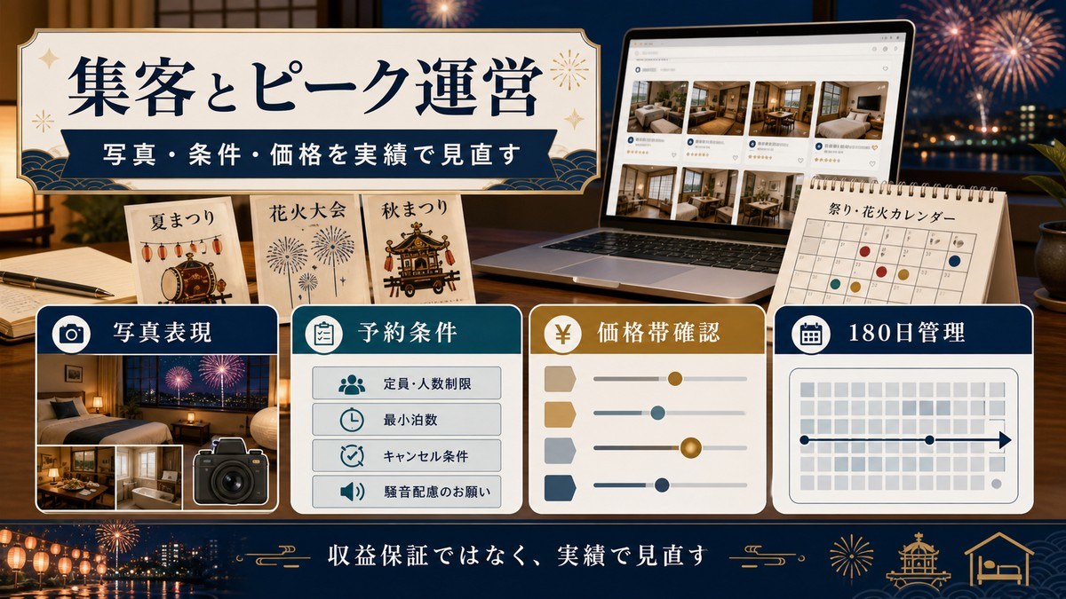祭り期間の集客とピーク運営を写真表現、予約条件、価格帯確認、180日管理で示した図