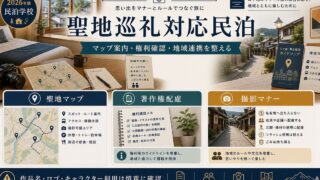 聖地巡礼対応民泊の聖地マップ、著作権配慮、撮影マナーを整理した図