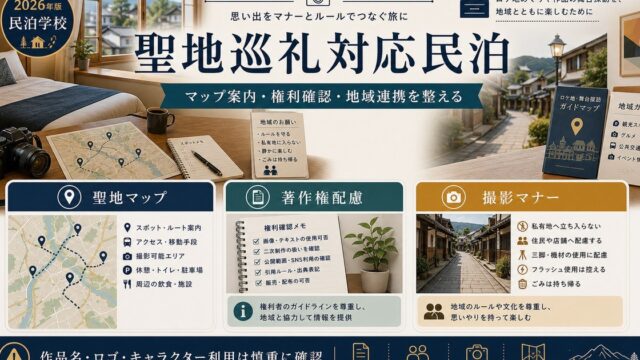 聖地巡礼対応民泊の聖地マップ、著作権配慮、撮影マナーを整理した図