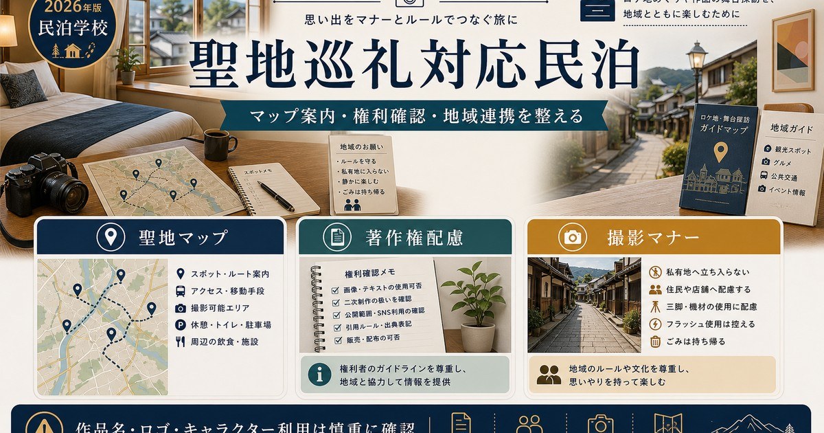 聖地巡礼対応民泊の聖地マップ、著作権配慮、撮影マナーを整理した図