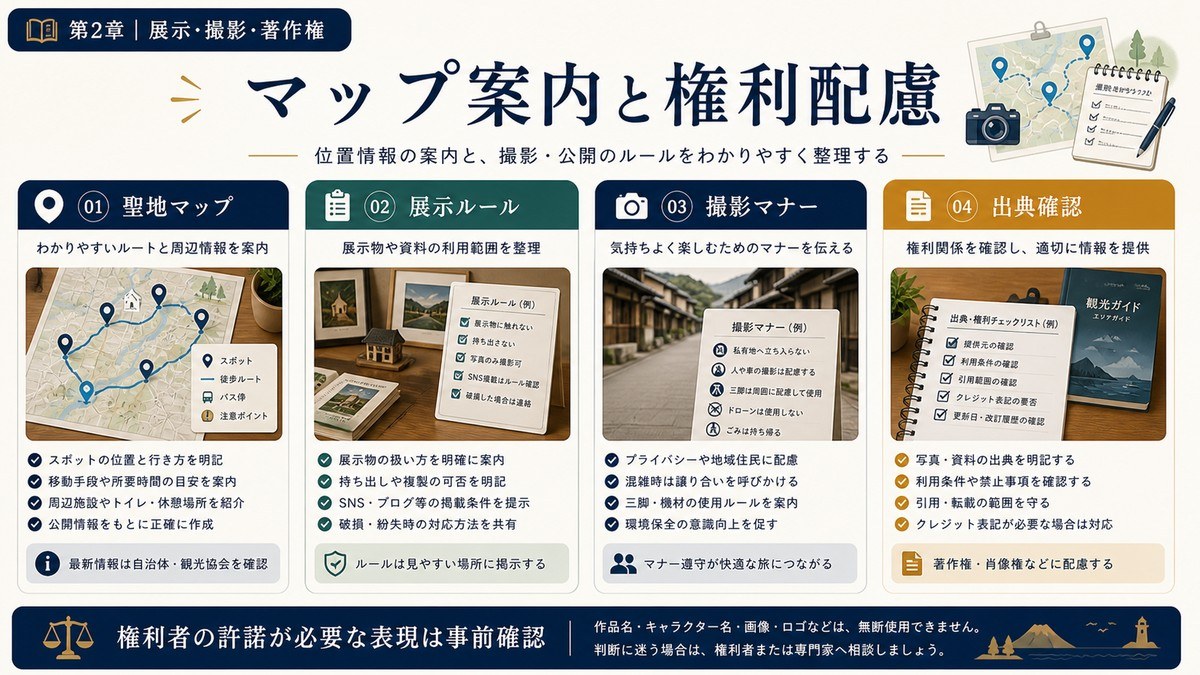 聖地巡礼対応民泊のマップ案内と権利配慮を聖地マップ、展示ルール、撮影マナー、出典確認で整理した図