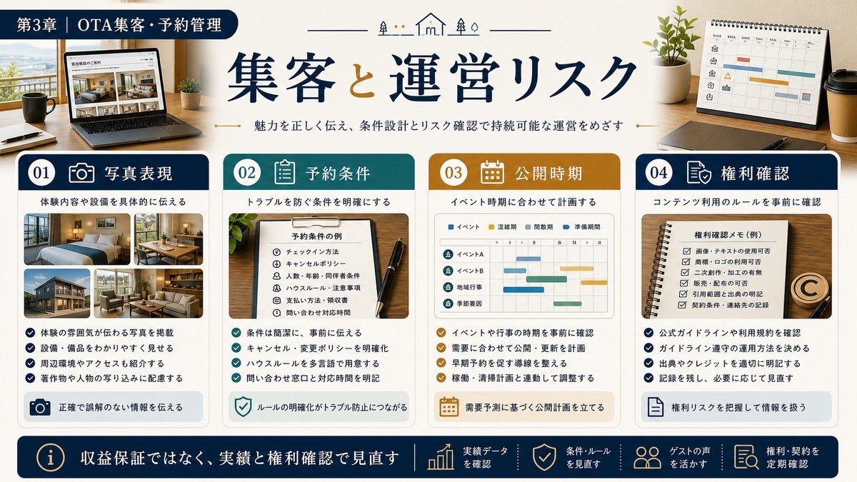 聖地巡礼対応民泊の集客と運営リスクを写真表現、予約条件、公開時期、権利確認で示した図