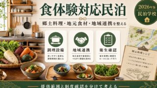 食体験対応民泊の調理設備、地域連携、衛生確認を整理した図