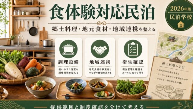 食体験対応民泊の調理設備、地域連携、衛生確認を整理した図