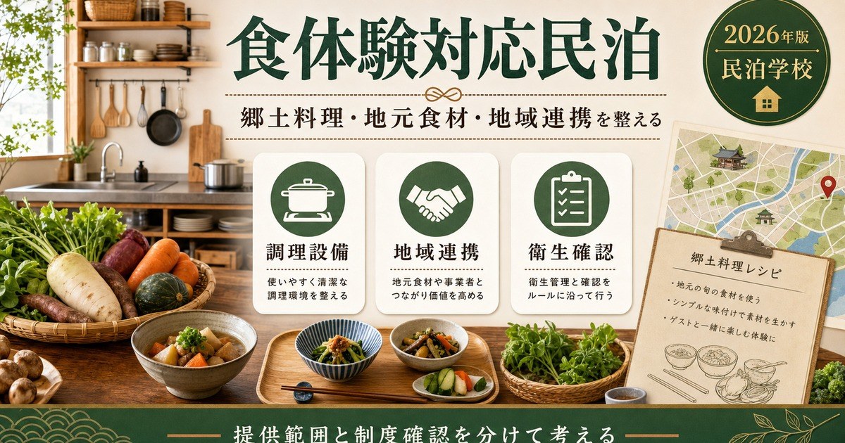 食体験対応民泊の調理設備、地域連携、衛生確認を整理した図
