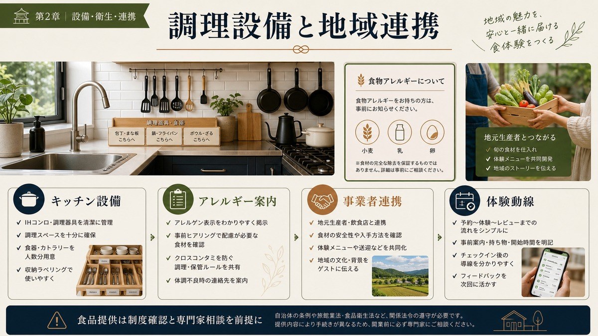 食体験対応民泊の調理設備と地域連携をキッチン設備、アレルギー案内、事業者連携、体験動線で整理した図