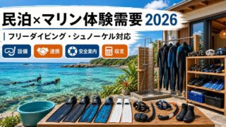 フリーダイビング・シュノーケリング需要に対応する民泊運営の設備・連携・安全案内・収支確認を整理したアイキャッチ