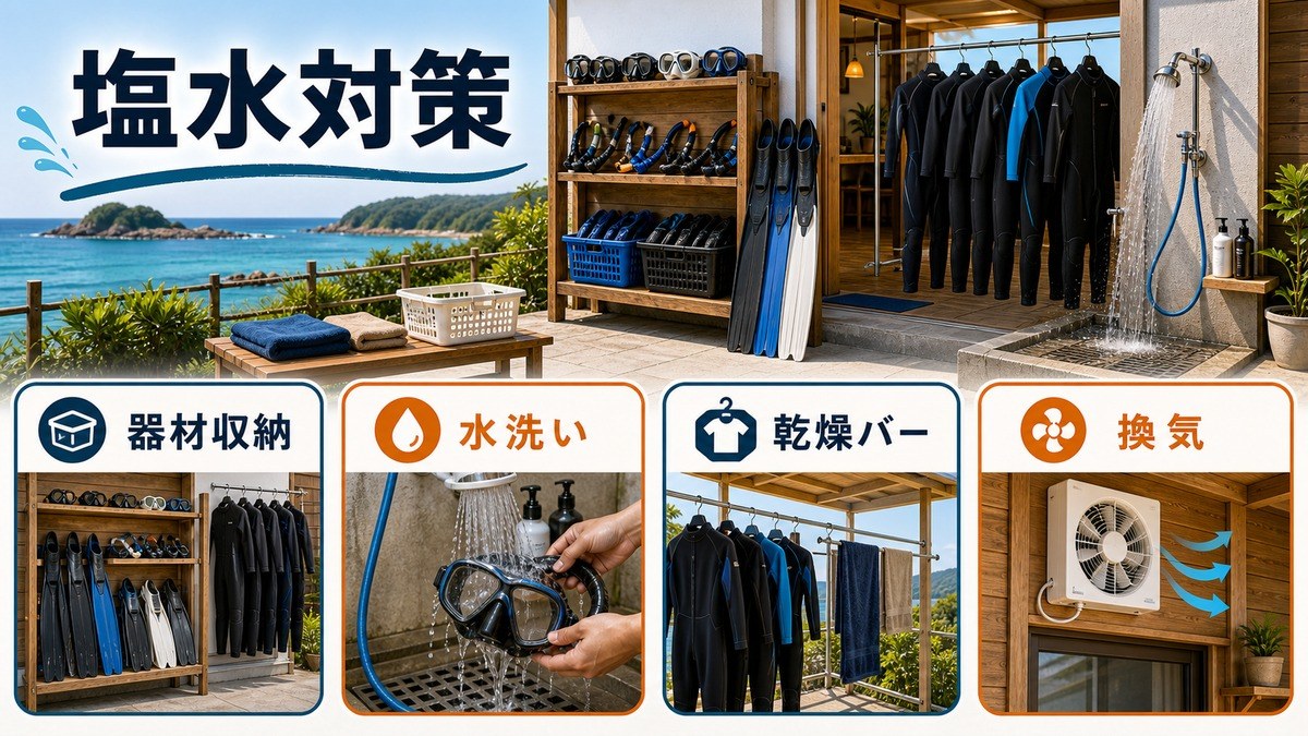 フリーダイビング・シュノーケリング向け民泊の器材収納・水洗い・乾燥バー・換気を整理した塩水対策図
