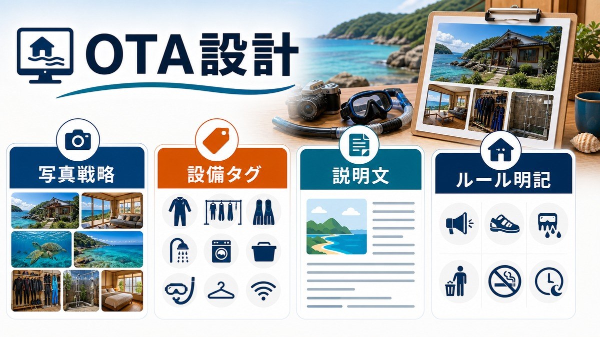 マリン民泊のOTA写真戦略・設備タグ・説明文・ルール明記を整理した図