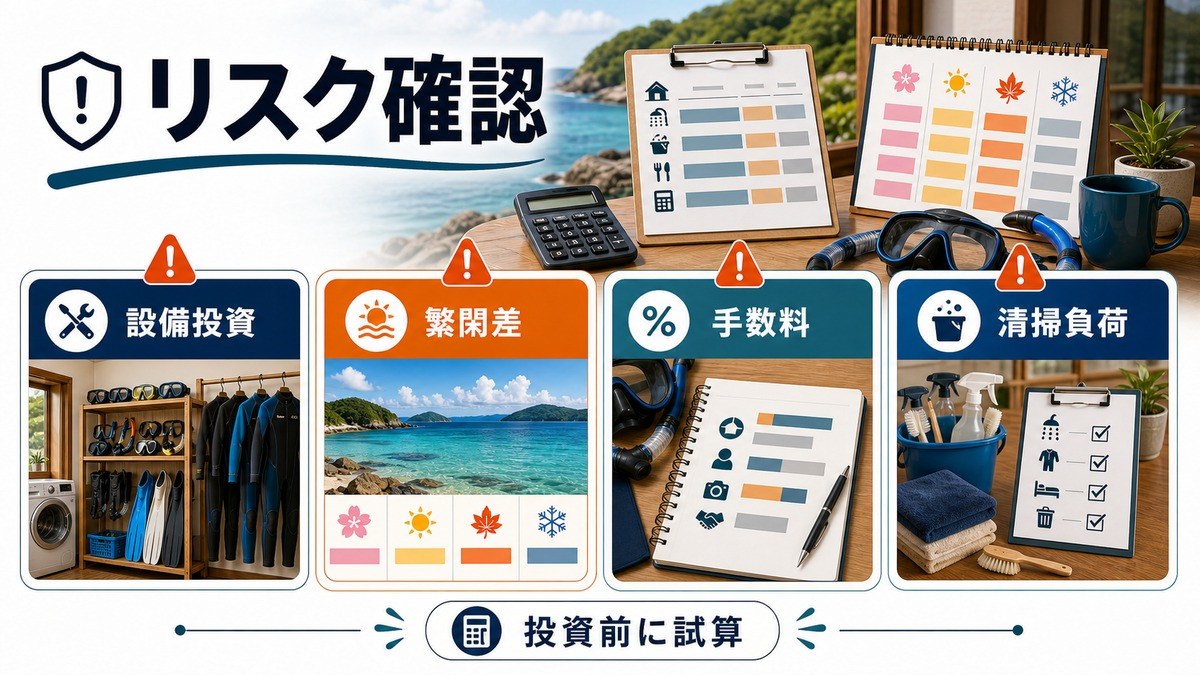 マリン民泊で設備投資・繁閑差・手数料・清掃負荷を投資前に確認するリスク整理図