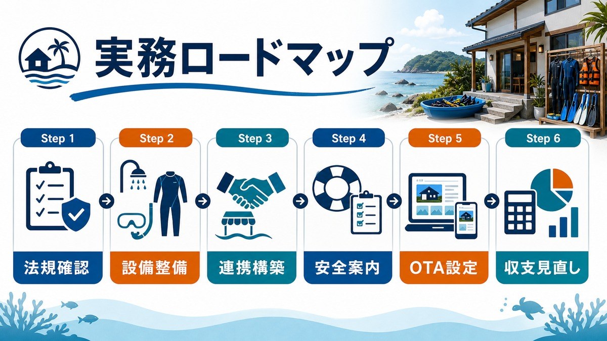 マリン型民泊の法規確認・設備整備・連携構築・安全案内・OTA設定・収支見直しの実務ロードマップ図