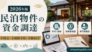 民泊物件の資金調達を不特法・小規模不特・不動産CF・投資家保護の観点で整理したアイキャッチ