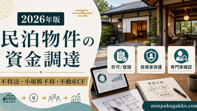 民泊物件の資金調達を不特法・小規模不特・不動産CF・投資家保護の観点で整理したアイキャッチ