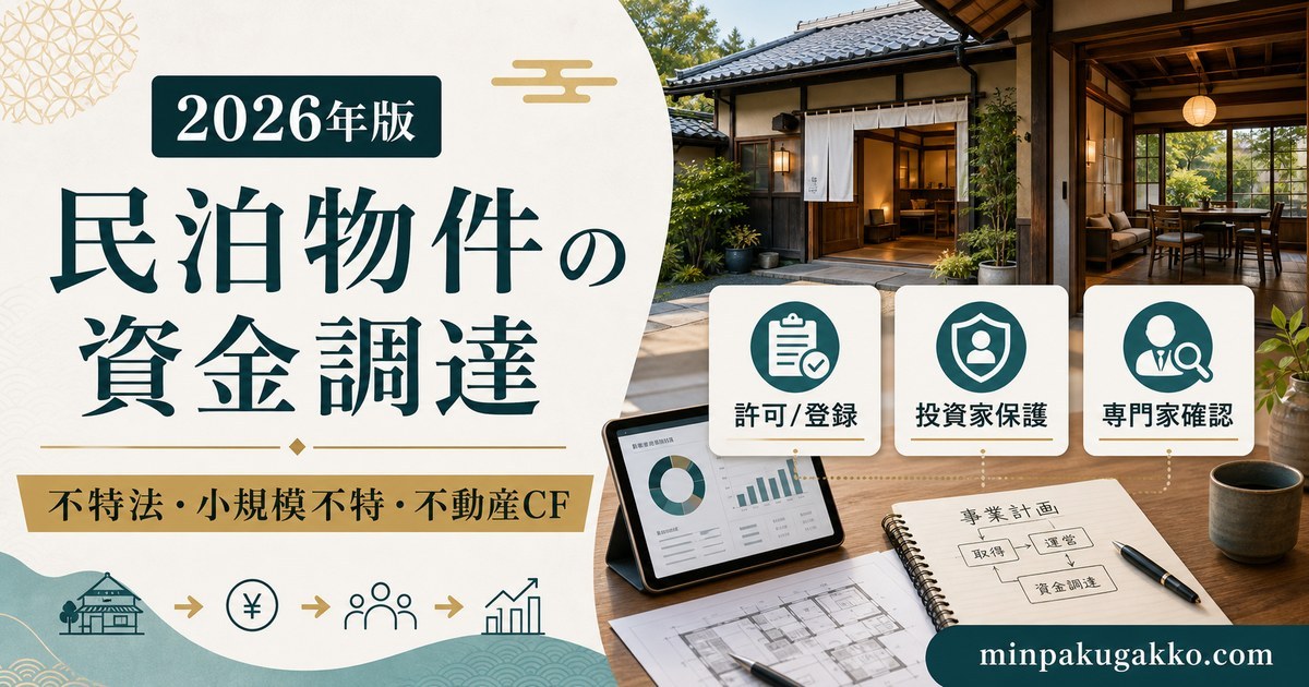 民泊物件の資金調達を不特法・小規模不特・不動産CF・投資家保護の観点で整理したアイキャッチ