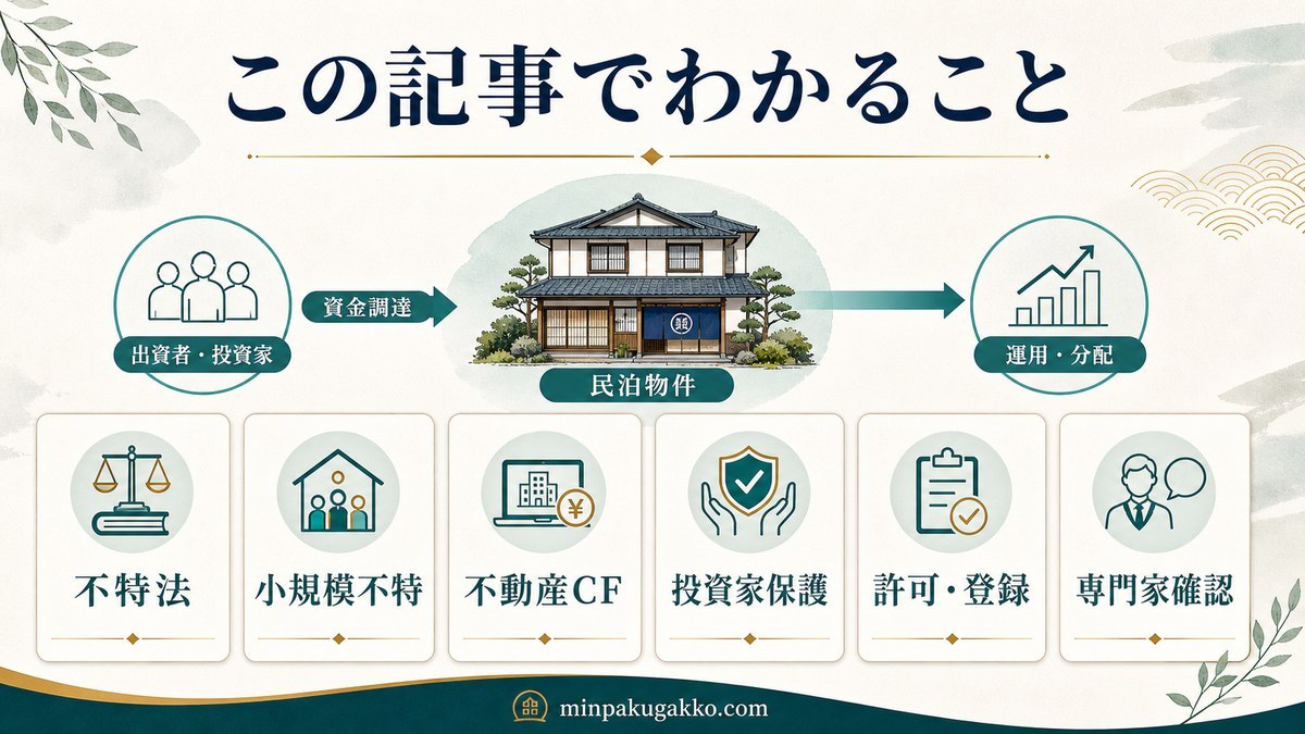 この記事でわかることを、不特法・小規模不特・不動産CF・投資家保護に分けて整理した図
