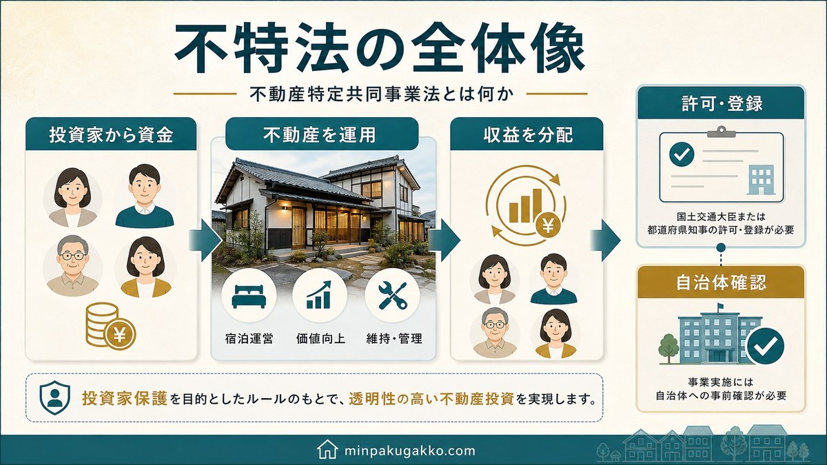 不動産特定共同事業法の資金募集・不動産運用・収益分配・許可登録の流れ