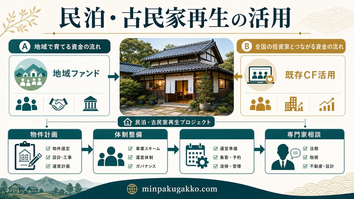 民泊と古民家再生で地域ファンドと既存CF活用を比較した図