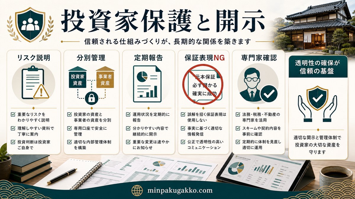 投資家保護のためのリスク説明・分別管理・定期報告・保証表現NGの図