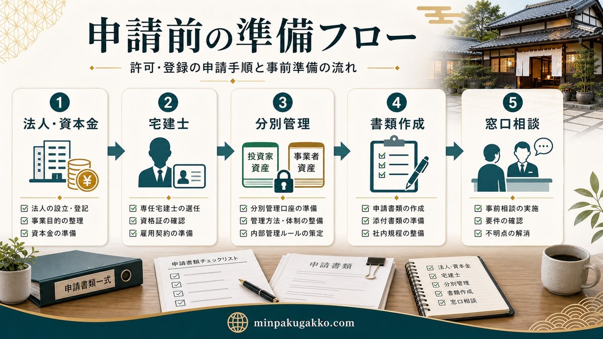 不特法の許可登録申請前に必要な法人資本金・宅建士・分別管理・書類作成・窓口相談の流れ