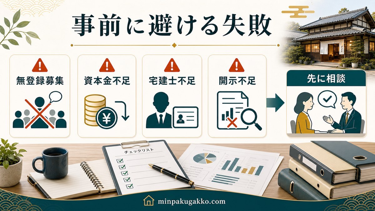 不特法活用で避けたい無登録募集・資本金不足・宅建士不足・開示不足のチェック図
