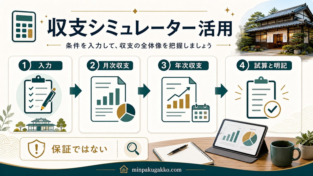 民泊学校の収支シミュレーターで入力・月次収支・年次収支・試算明記を確認する図