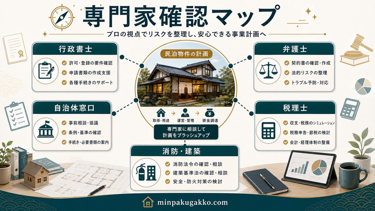 行政書士・弁護士・税理士・自治体窓口・消防建築の専門家確認マップ