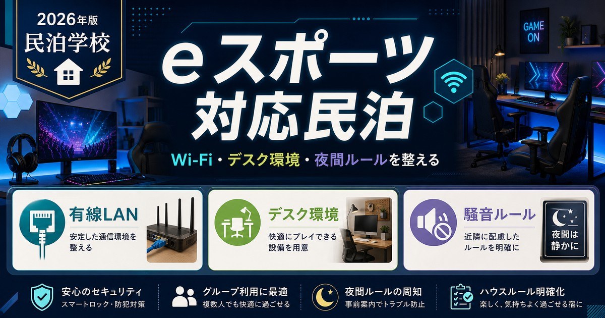 eスポーツ対応民泊の有線LAN、デスク環境、騒音ルールを整理した図