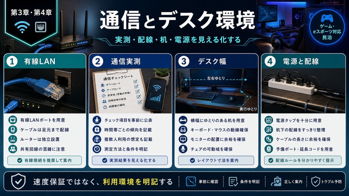ゲーム民泊の通信とデスク環境を有線LAN、通信実測、デスク幅、電源と配線で整理した図