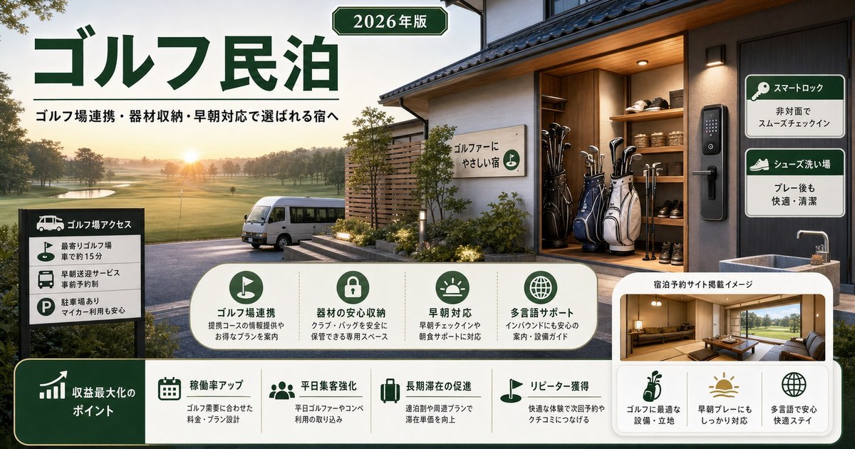 ゴルフ場連携、器材収納、早朝対応を整えたゴルフ民泊のアイキャッチ画像