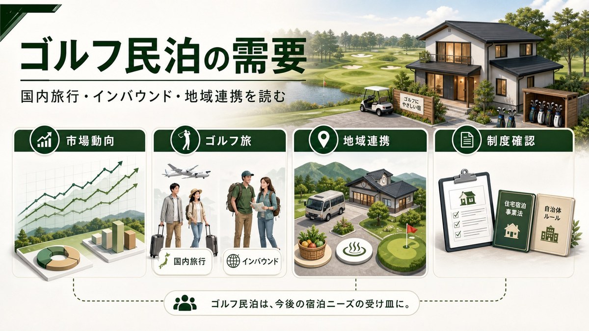 ゴルフ民泊の需要を市場動向、ゴルフ旅、地域連携、制度確認で整理した図解