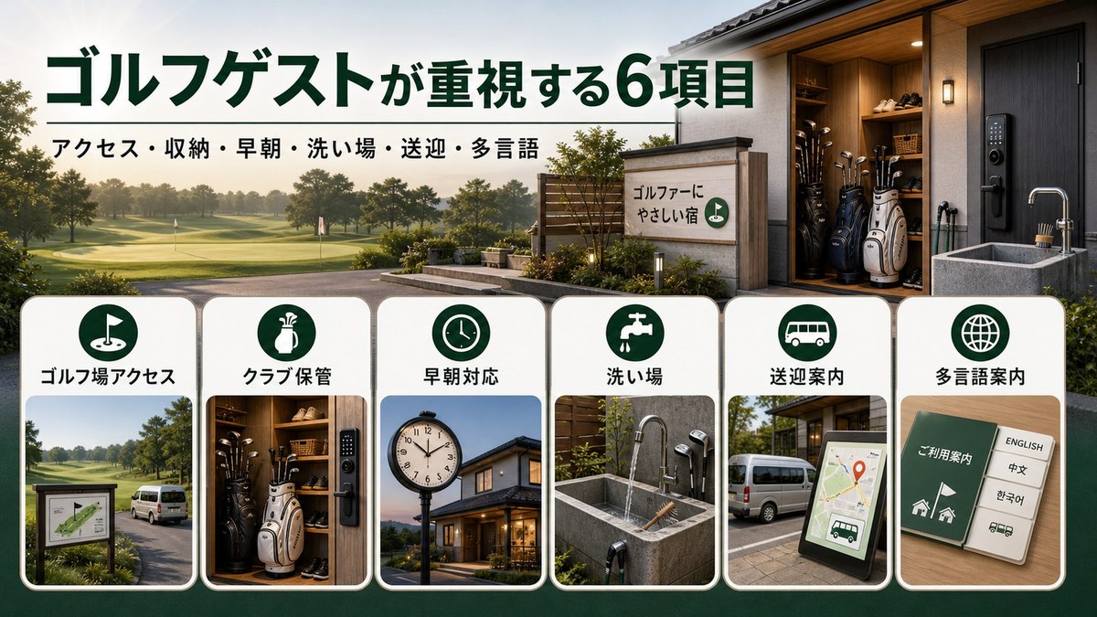 ゴルフゲストが重視するアクセス、収納、早朝対応、洗い場、送迎案内、多言語案内の図解
