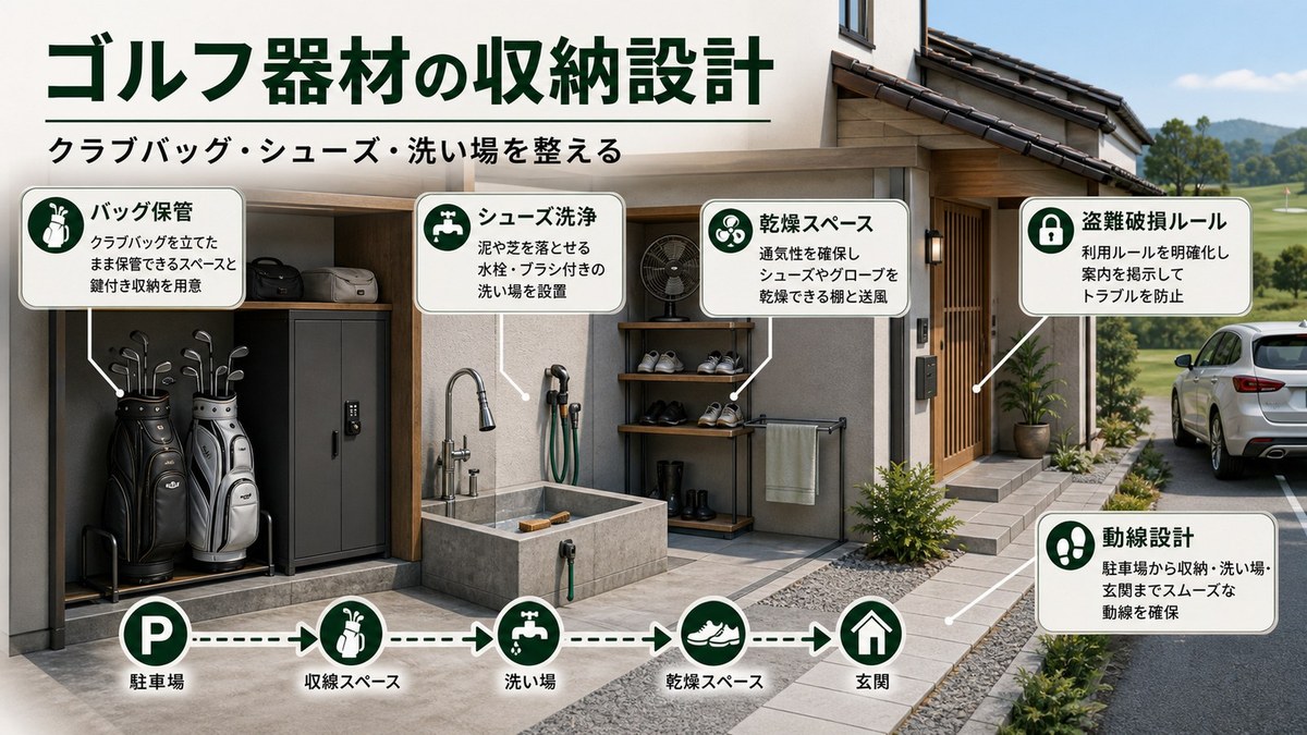 クラブバッグ保管、シューズ洗浄、乾燥スペース、盗難破損ルール、動線設計を示した図解