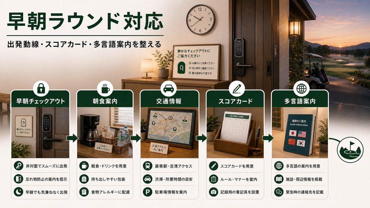 早朝チェックアウト、朝食案内、交通情報、スコアカード、多言語案内を整えたゴルフ民泊の図解
