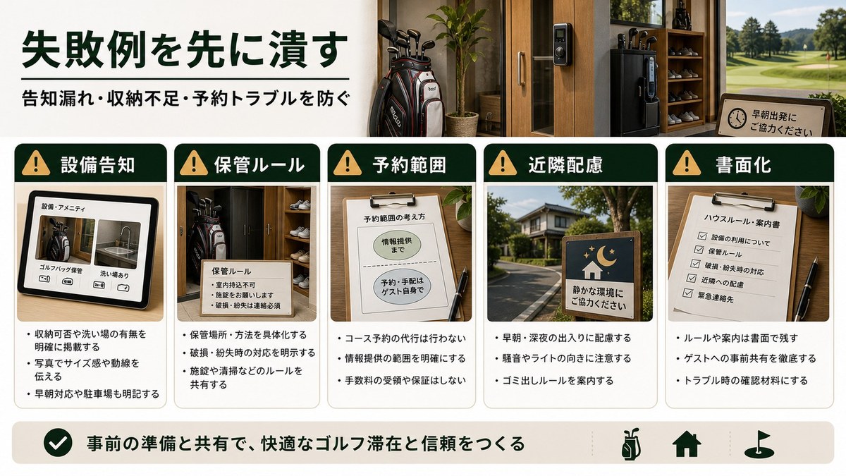 ゴルフ民泊の失敗例を設備告知、保管ルール、予約範囲、近隣配慮、書面化で防ぐ図解