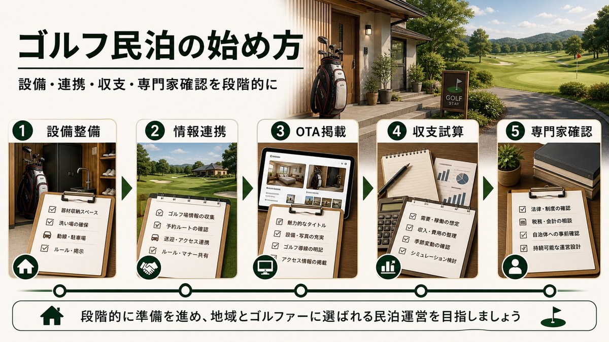 ゴルフ民泊の始め方を設備整備、情報連携、OTA掲載、収支試算、専門家確認で示した図解