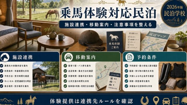 乗馬体験対応民泊の施設連携、移動案内、予約条件を整理した図