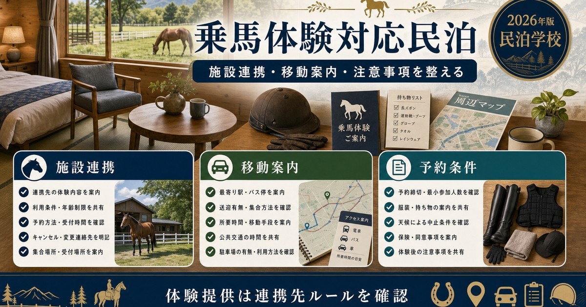 乗馬体験対応民泊の施設連携、移動案内、予約条件を整理した図