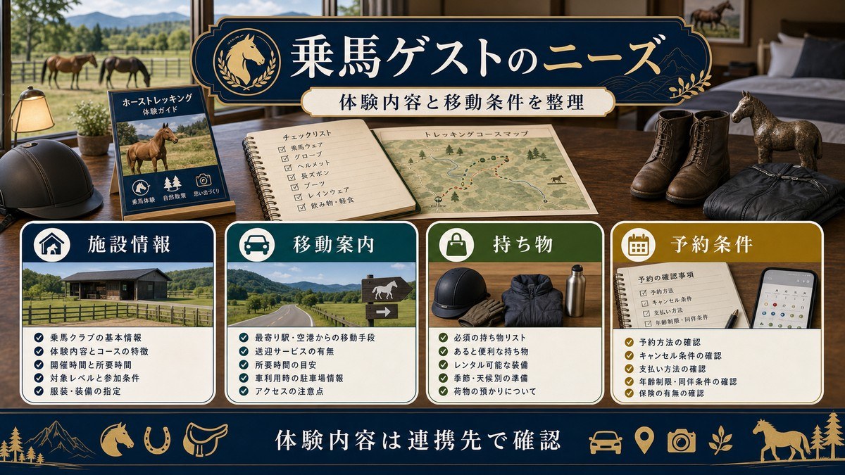 乗馬ゲストのニーズを施設情報、移動案内、持ち物、予約条件で整理した図