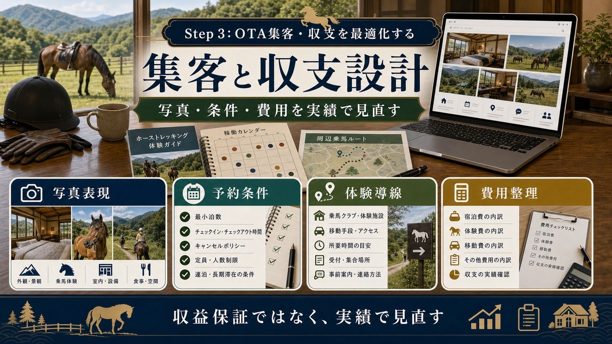 乗馬体験対応民泊の集客と収支設計を写真表現、予約条件、体験導線、費用整理で示した図