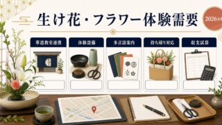 生け花・フラワーアレンジメント体験需要に対応する民泊の華道教室連携、体験設備、多言語案内、持ち帰り対応、収支試算をまとめたアイキャッチ画像