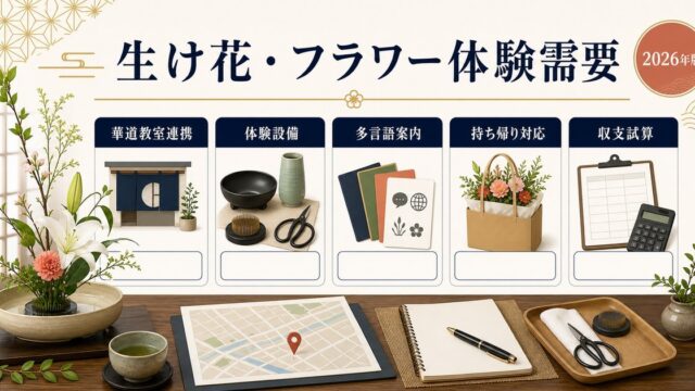 生け花・フラワーアレンジメント体験需要に対応する民泊の華道教室連携、体験設備、多言語案内、持ち帰り対応、収支試算をまとめたアイキャッチ画像