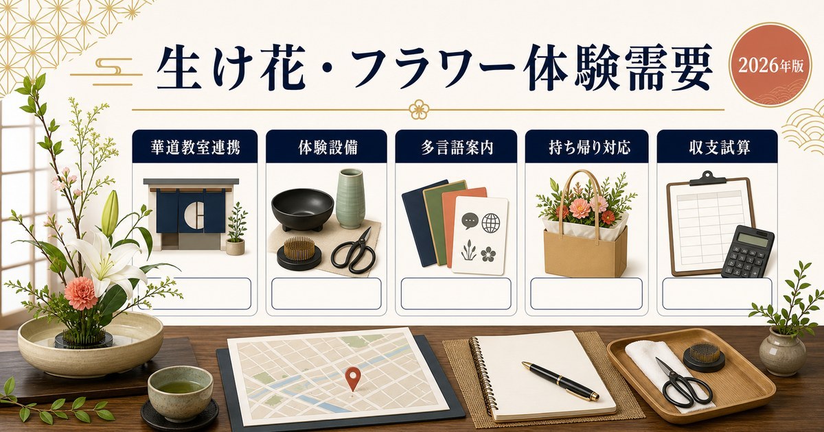 生け花・フラワーアレンジメント体験需要に対応する民泊の華道教室連携、体験設備、多言語案内、持ち帰り対応、収支試算をまとめたアイキャッチ画像