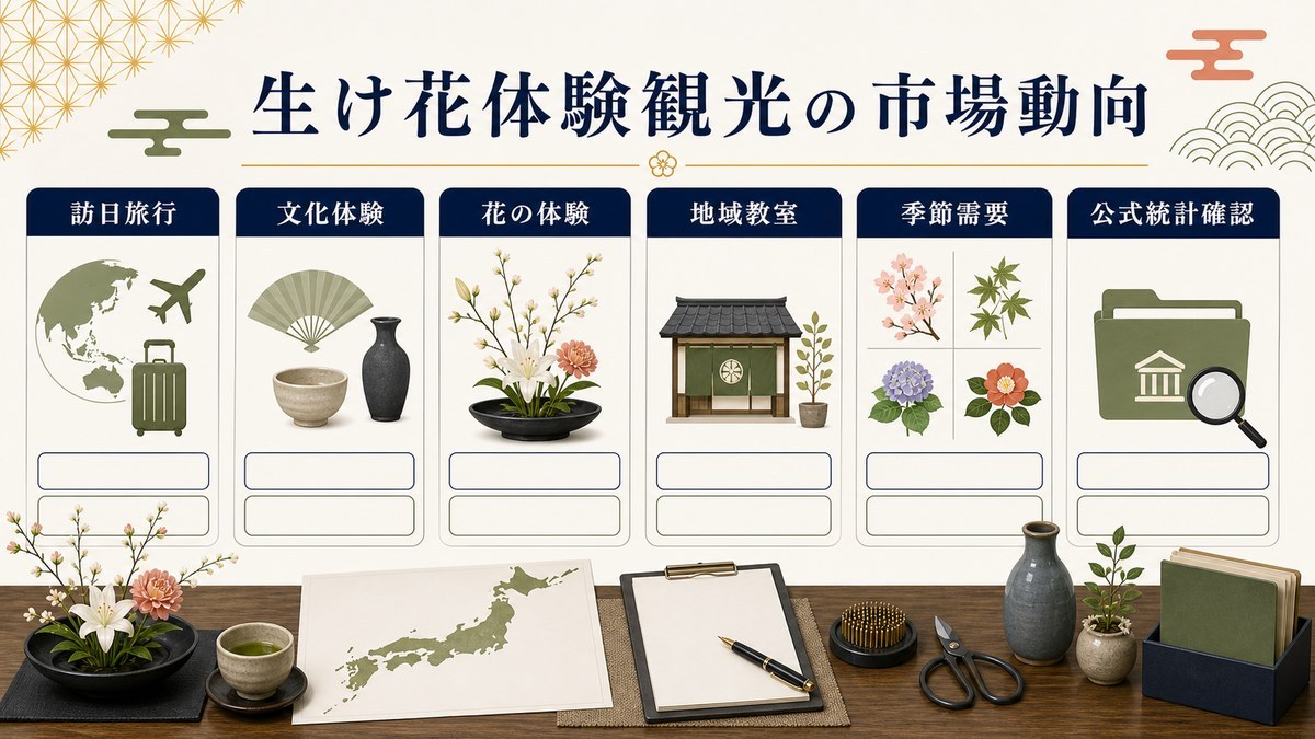 生け花体験観光の市場動向を訪日旅行、文化体験、花の体験、地域教室、季節需要、公式統計確認で整理した図解
