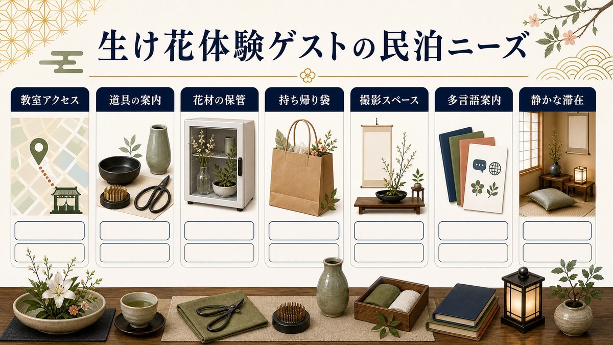 生け花体験ゲストの民泊ニーズを教室アクセス、道具の案内、花材の保管、持ち帰り袋、撮影スペース、多言語案内、静かな滞在で整理した図解