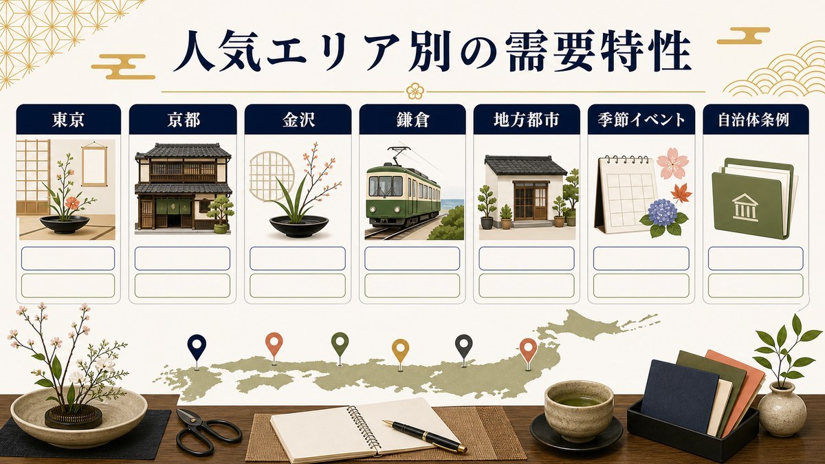 インバウンド生け花体験の人気エリア別需要を東京、京都、金沢、鎌倉、地方都市、季節イベント、自治体条例で整理した図解