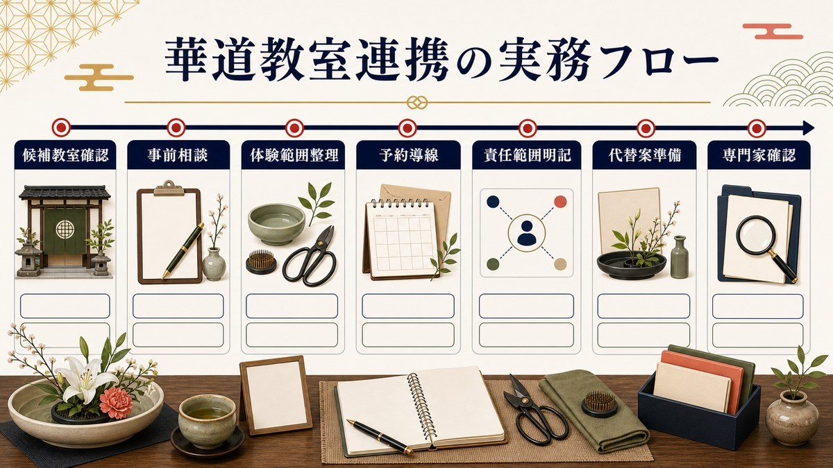 華道教室連携の実務フローを候補教室確認、事前相談、体験範囲整理、予約導線、責任範囲明記、代替案準備、専門家確認で整理した図解
