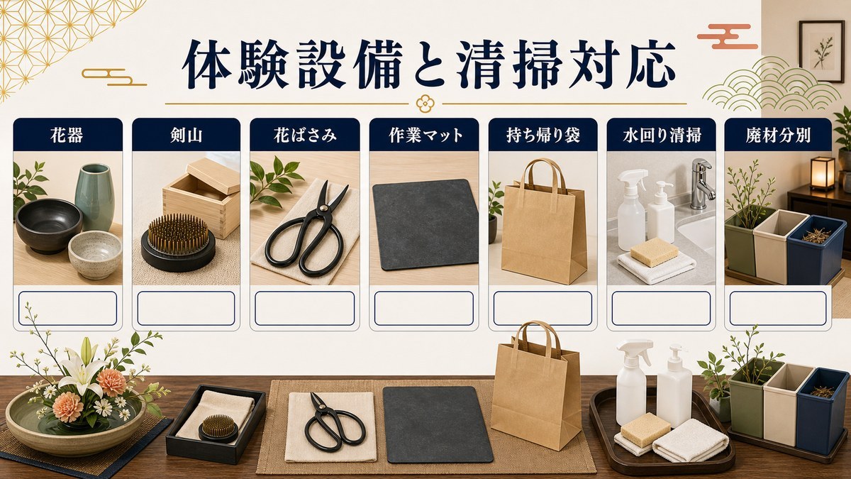 生け花体験設備と清掃対応を花器、剣山、花ばさみ、作業マット、持ち帰り袋、水回り清掃、廃材分別で整理した図解
