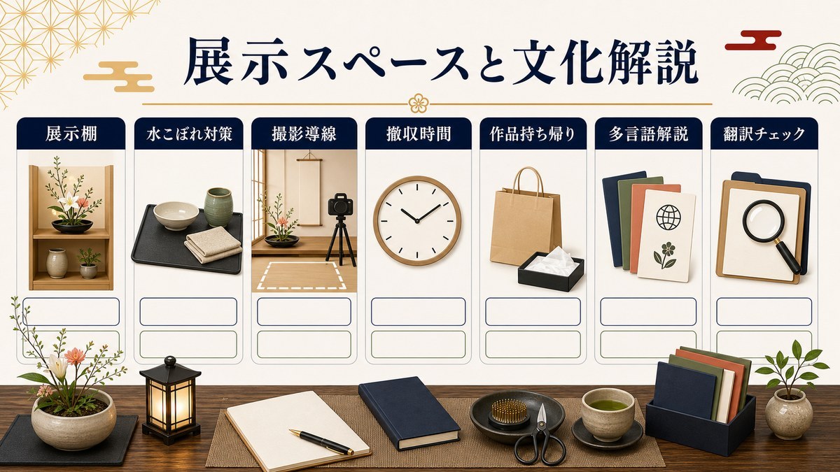 展示スペースと文化解説を展示棚、水こぼれ対策、撮影導線、撤収時間、作品持ち帰り、多言語解説、翻訳チェックで整理した図解
