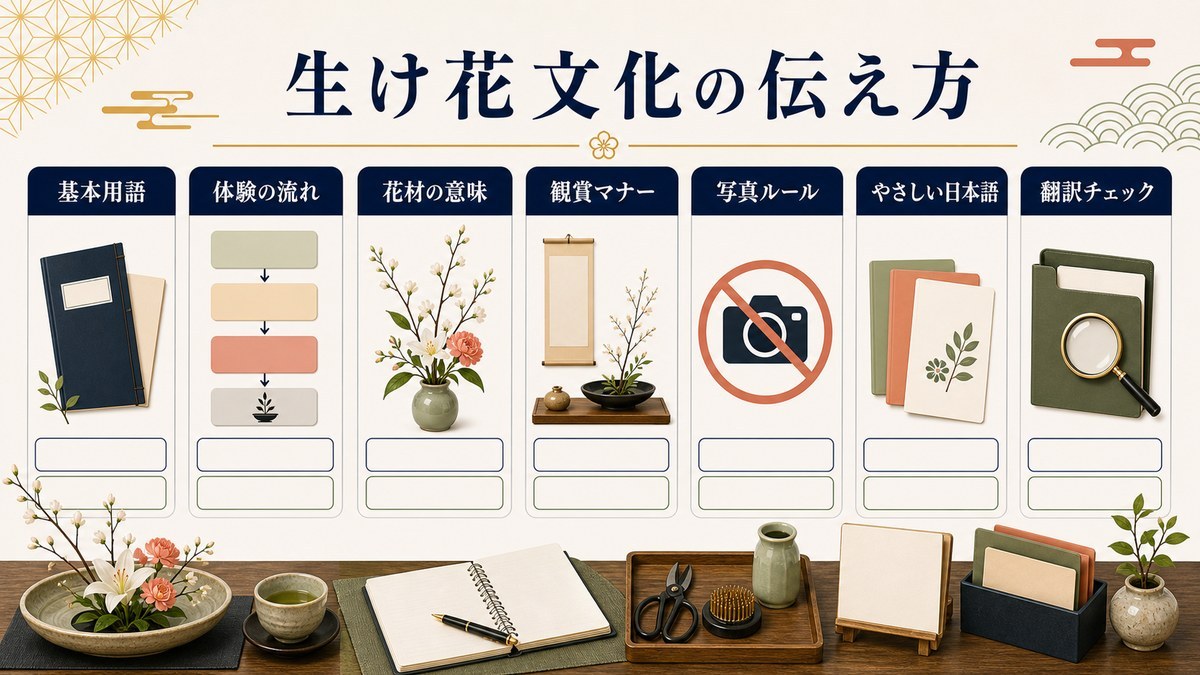 生け花文化の伝え方を基本用語、体験の流れ、花材の意味、観賞マナー、写真ルール、やさしい日本語、翻訳チェックで整理した図解
